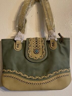 Montana West Olive and Tan Leather Braided Stud Tote with Concho Accent